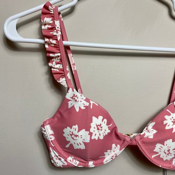 AMUSE SOCIETY Bikini Top Harlow Underwire Rose Pink White Floral Ruffle NEW S - Picture 4 of 13